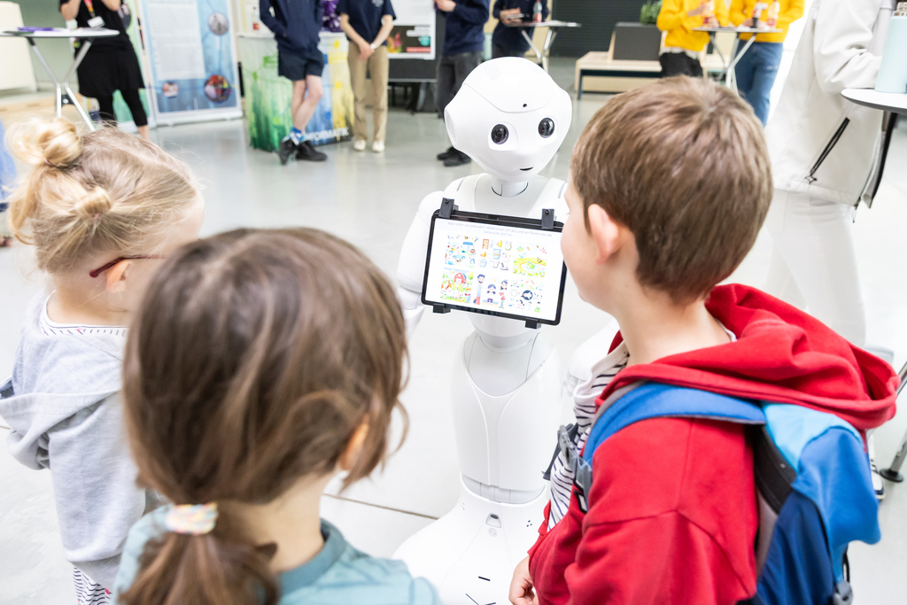 Banner with a woman looking thowards a robot